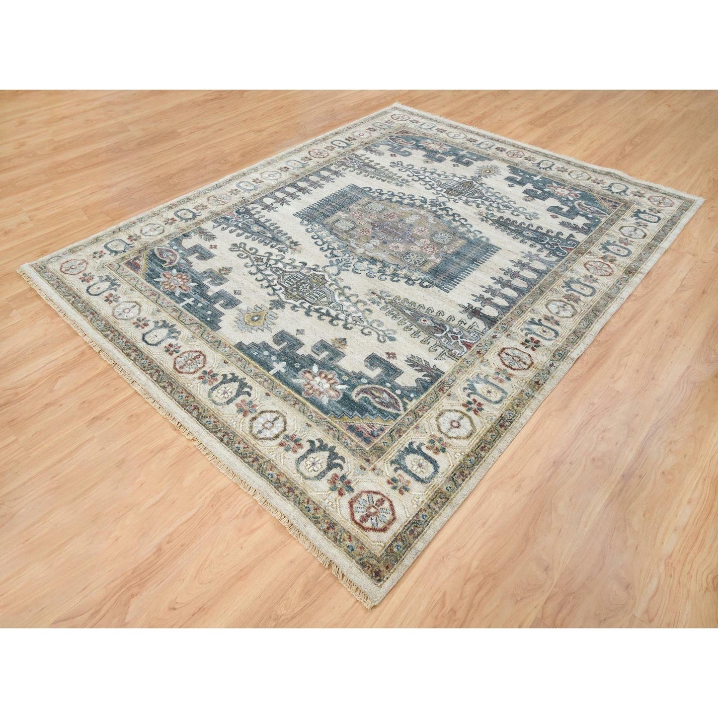 7'9"X10'4" Ivory Hand Knotted Reimagined Viss Design Wool Oriental Rug