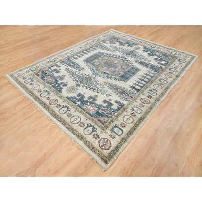 7'9"X10'4" Ivory Hand Knotted Reimagined Viss Design Wool Oriental Rug