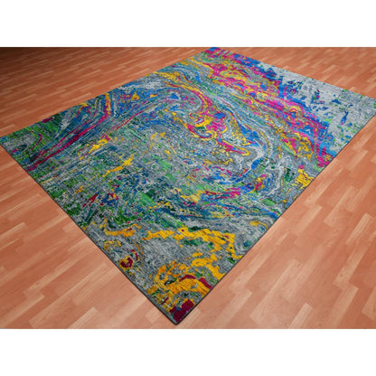 9'X11'9" Gray Lava Design Sari Silk With Wool Hand Knotted Rug