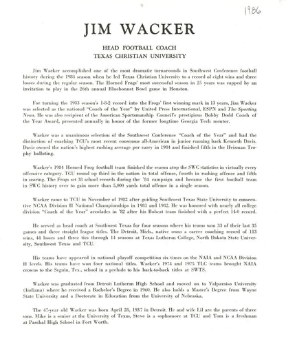 Jim Wacker Signed 8X10 Photo With Bio Info Texas