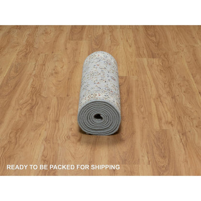 2'8"X12'9" Blue Nain Flower Design Wool And Silk Hand Knotted Runner Rug