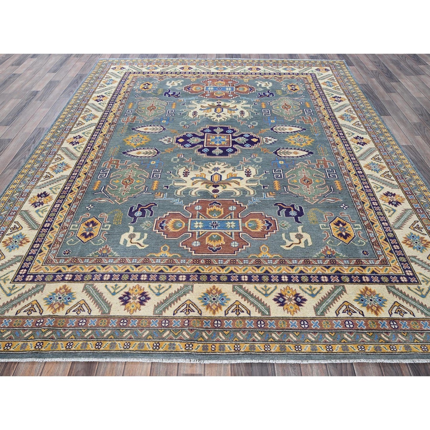 8'X10' Misty Gray Kazak With Medallions Design Hand Knotted Soft Wool Rug