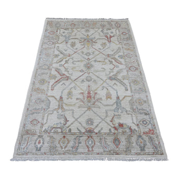 4'X6' Oyster White Afghan Angora Oushak Vine Design Hand Knotted Wool Rug