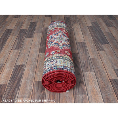 2'9"X16'5" Red Kazak With Tribal Design Soft Wool Hand Knotted Runner Rug