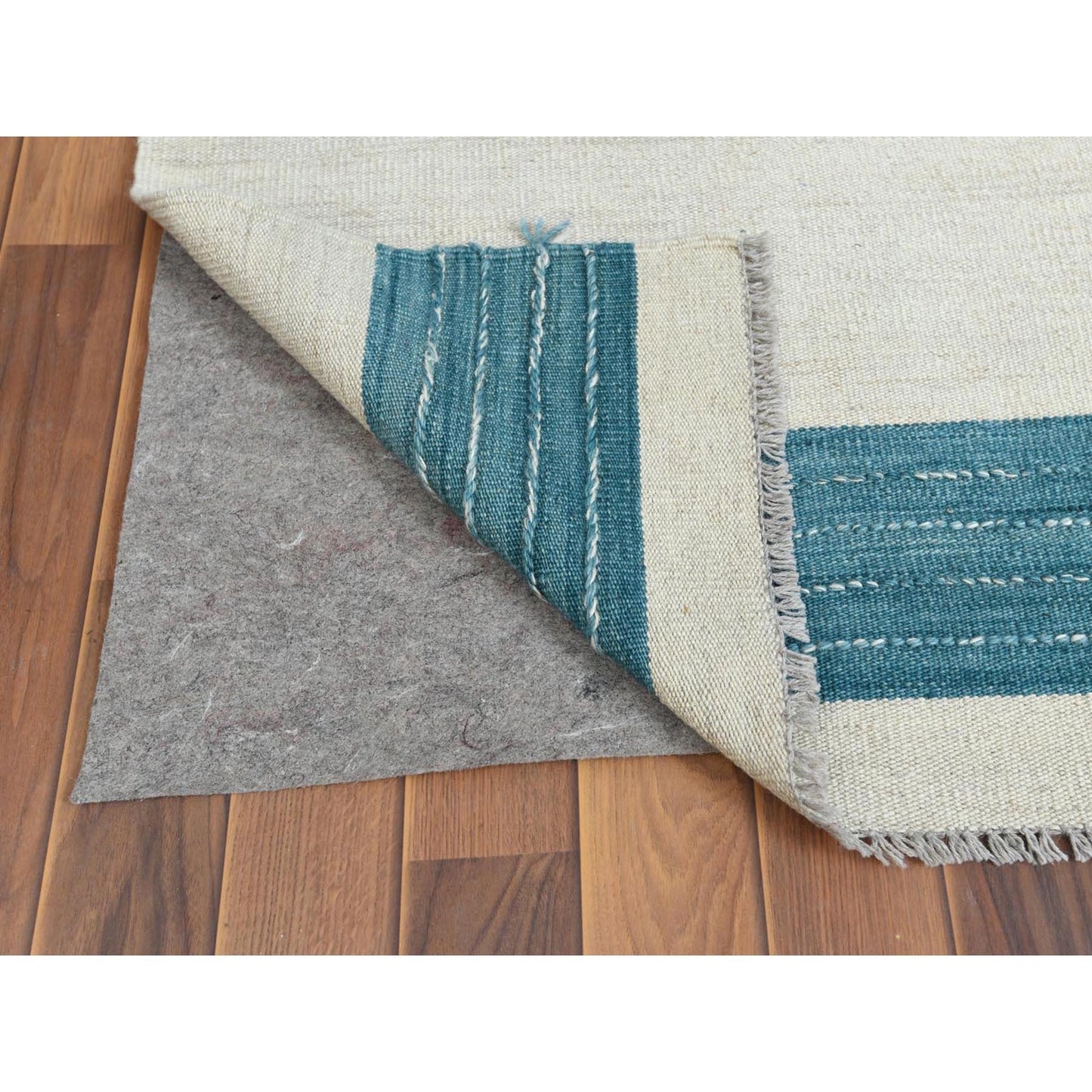 9'5"X11'9" Hand Woven Aquamarine Stripe Design Flat Weave Kilim Wool Rug