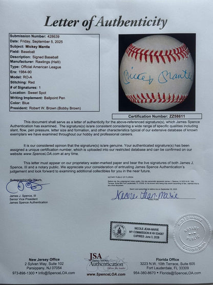 Mickey Mantle Autographed Official American League Baseball (Jsa)