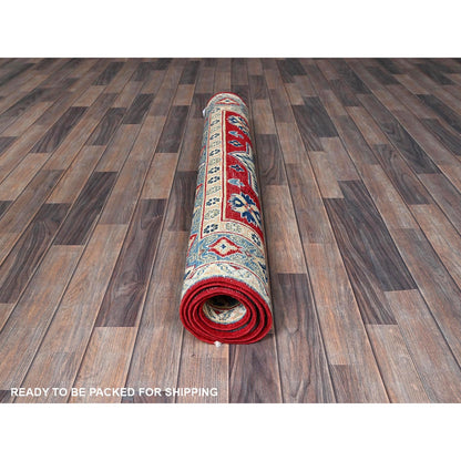 4'1"X6'1" Red Kazak Geometric Medallions Design Hand Knotted Soft Wool Rug