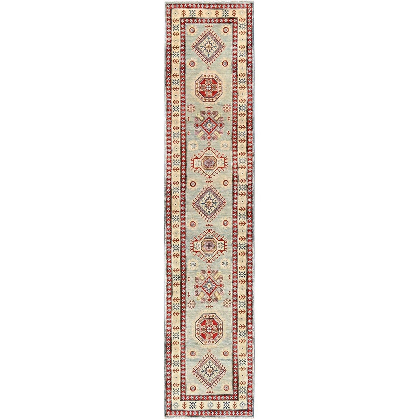 2'9"X13'7" Ivory Kazak With Geometric Design Hand Knotted Rug Wool Runner