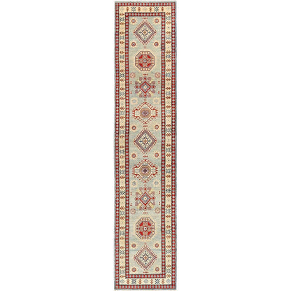 2'9"X13'7" Ivory Kazak With Geometric Design Hand Knotted Rug Wool Runner