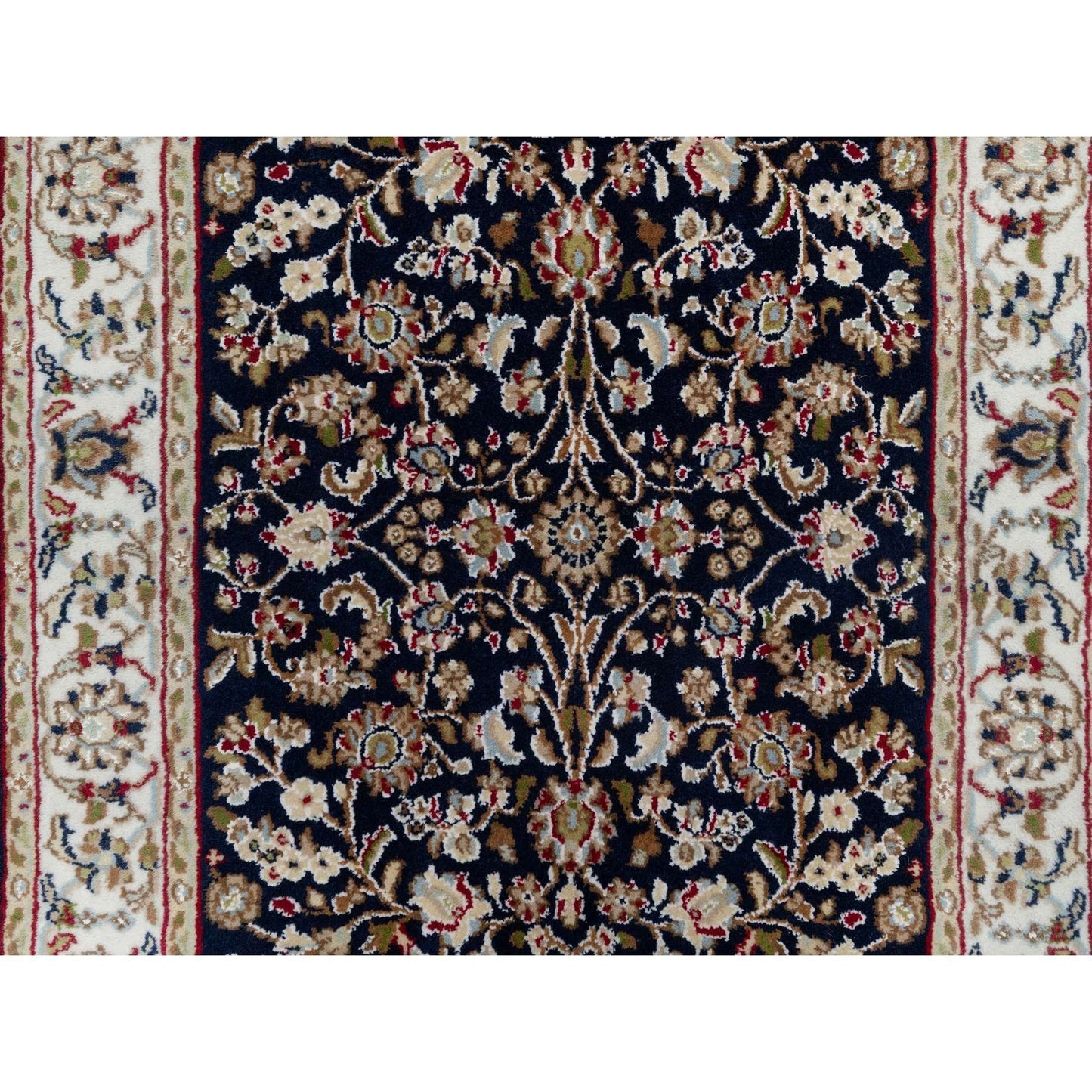 2'6"X13'3" Blue Nain Flower Design Wool And Silk Hand Knotted Runner Rug