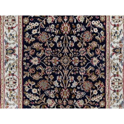 2'6"X13'3" Blue Nain Flower Design Wool And Silk Hand Knotted Runner Rug