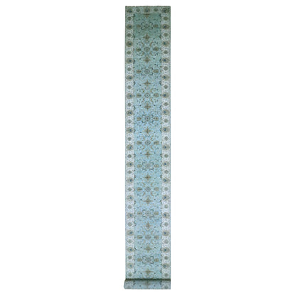 2'9"X24'3" Mist Blue Agra Flower Design Wool Hand Knotted Xl Runner Rug