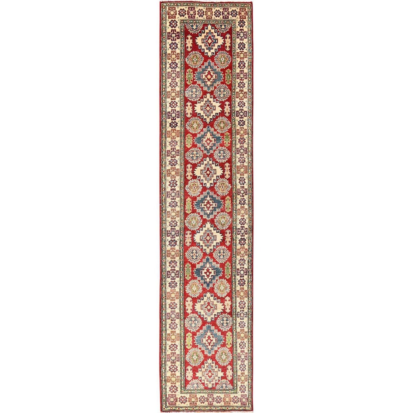 2'7"X12'8" Red Kazak With Geometric Design Hand Knotted Rug Wool Runner