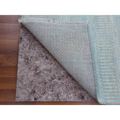 2'8"X15' Blue Hand Knotted Modern Grass Design Wool/Silk Xl Runner Rug