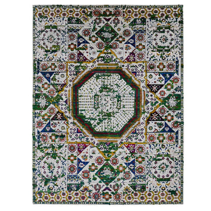 9'X12'1" Ivory Sari Silk Colorful Mamluk Design Hand Knotted Rug