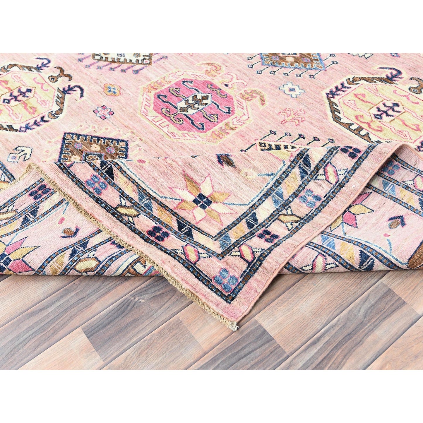 8'10"x12' Blush Pink Organic Wool Hand Knotted Afghan Super Kazak Rug