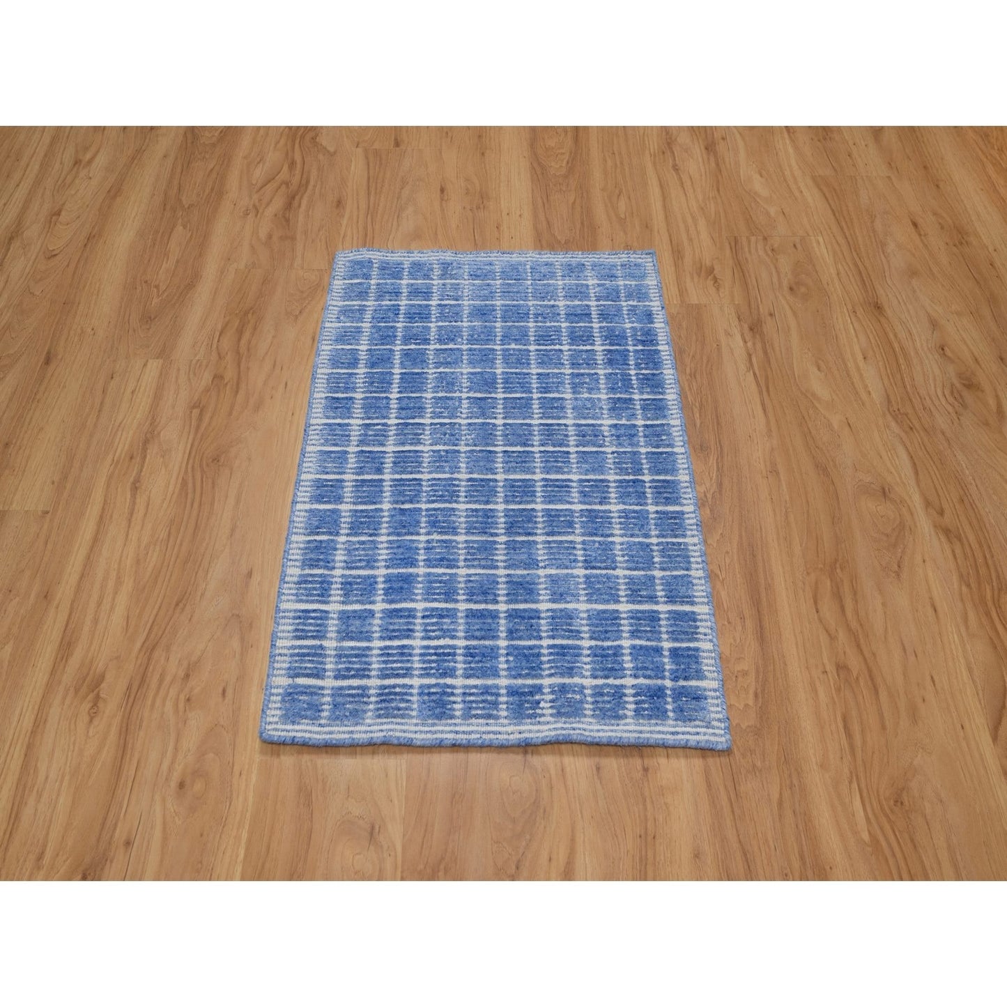 2'1"X3'1" Blue Modern Plain Decor Box Design Pure Wool Loomed Knotted Rug
