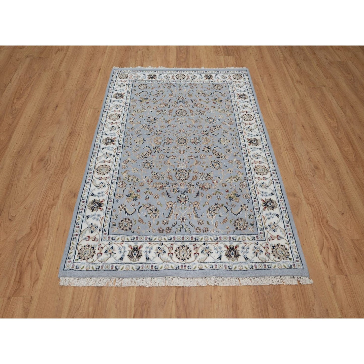 4'3"X6'4" Light Blue Wool And Silk Nain Flower Design Hand Knotted Rug