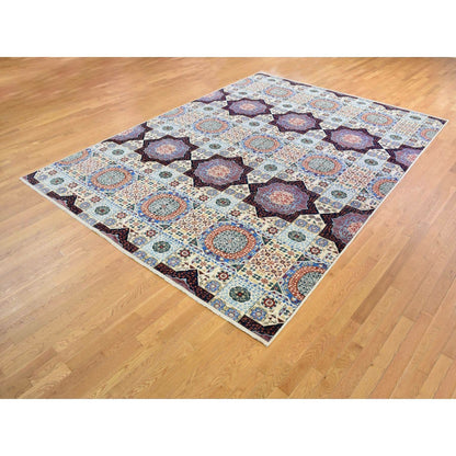 10'X13'9" Blue Hand Knotted Mamluk Repetitive Design Wool Oriental Rug