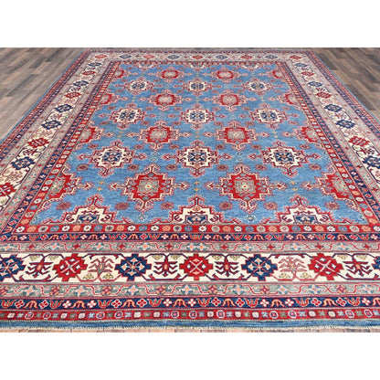 9'2"X11'9" Blue Hand Knotted Geometric Medallions Pure Wool Oriental Rug