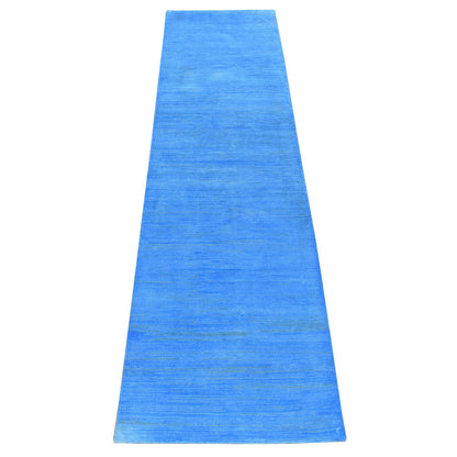 2'5"X10'2" Blue Overdyed Wool Hand Knotted Modern Design Runner Rug