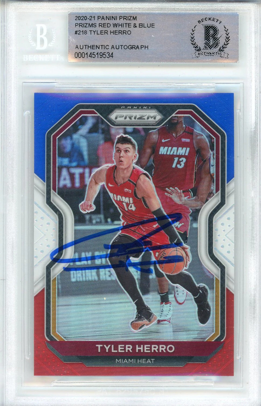 (B Tyler Herro Autographed 2020-21 Panini Prizm Red White & Blue Prizm Card #218