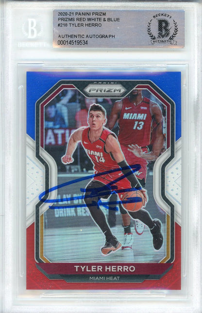 (B Tyler Herro Autographed 2020-21 Panini Prizm Red White & Blue Prizm Card #218