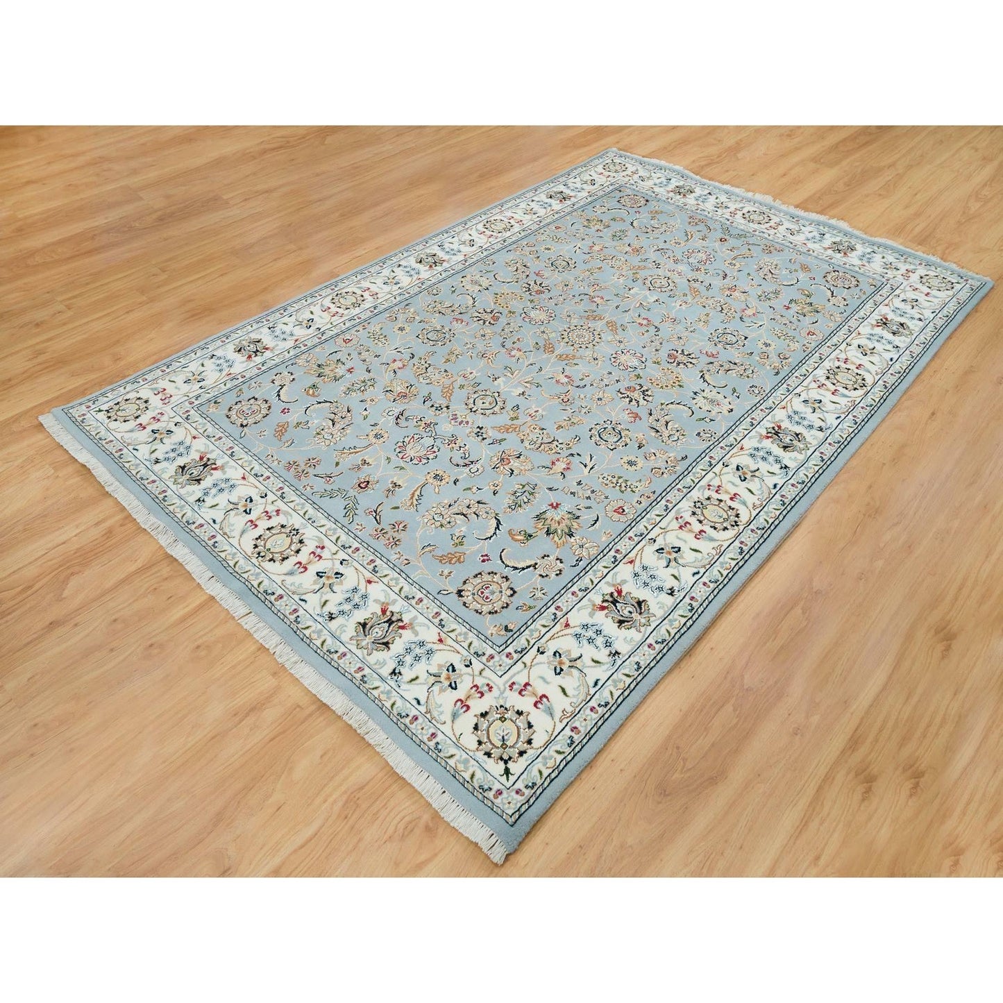 6'X9'2" Light Blue Nain Design 250 Kpsi Wool Hand Knotted Oriental Rug
