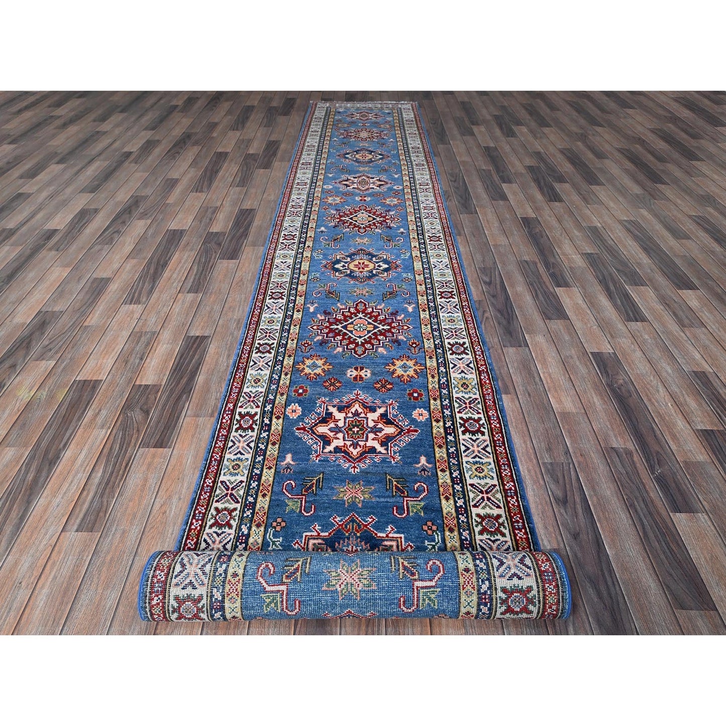 2'10"X16' Blue Kazak With Medallions Design Wool Hand Knotted Runner Rug