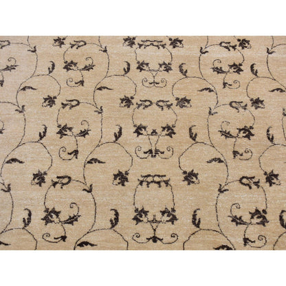 4'7"X6'4" Beige, Scroll And Branch Design, Hand Knotted Pure Wool Rug