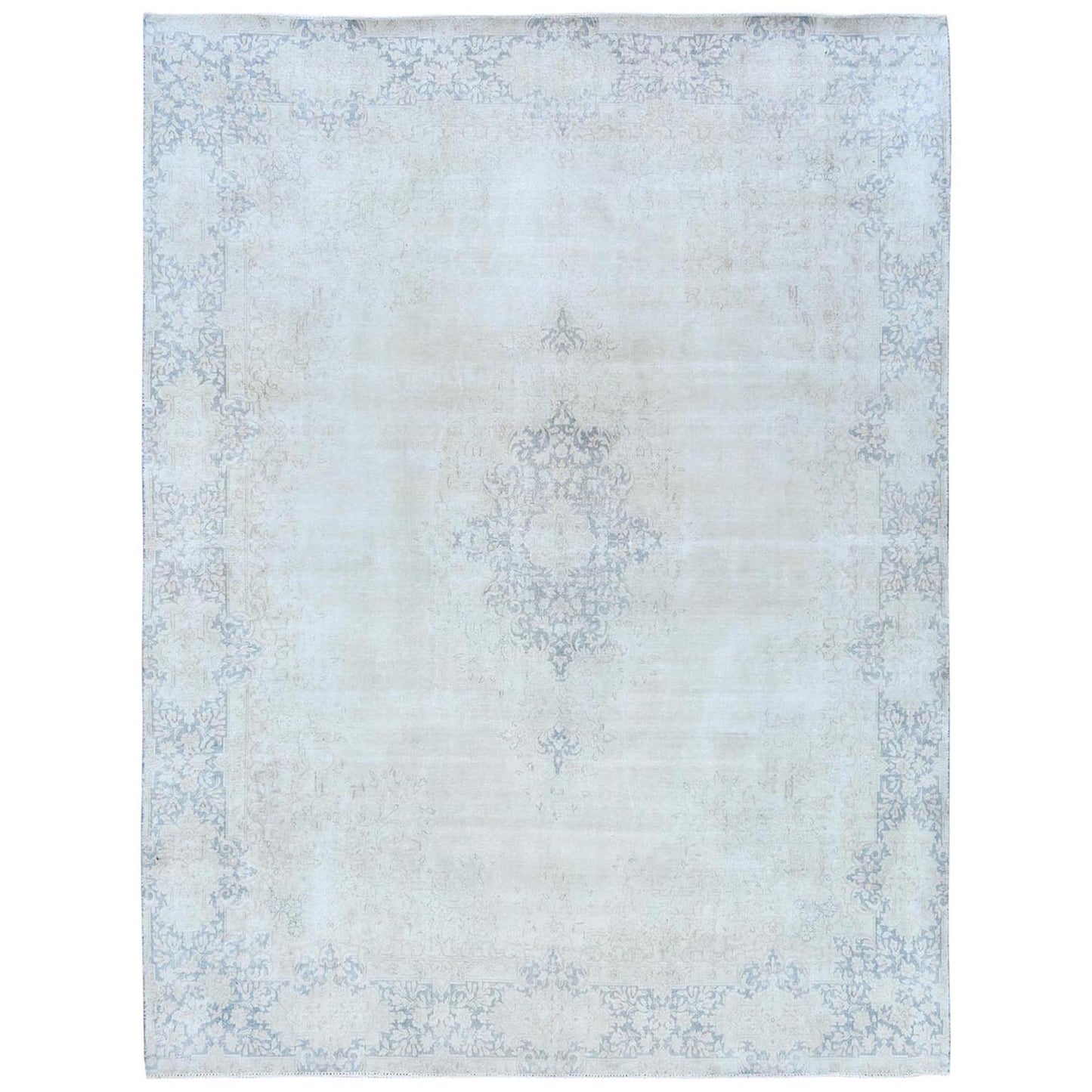 9'X12' Blue Worn Wool Hand Knotted Distressed Old Farsian Karman Rug
