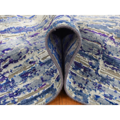 10'2"X13'10" Indigo Diminishing Bricks Sari Silk Hand Knotted Rug
