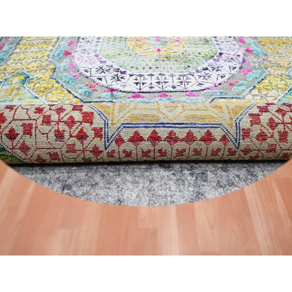 8'1"X8'1" Yellow Mamluk Design Sari Silk With Wool Hand Knotted Round Rug