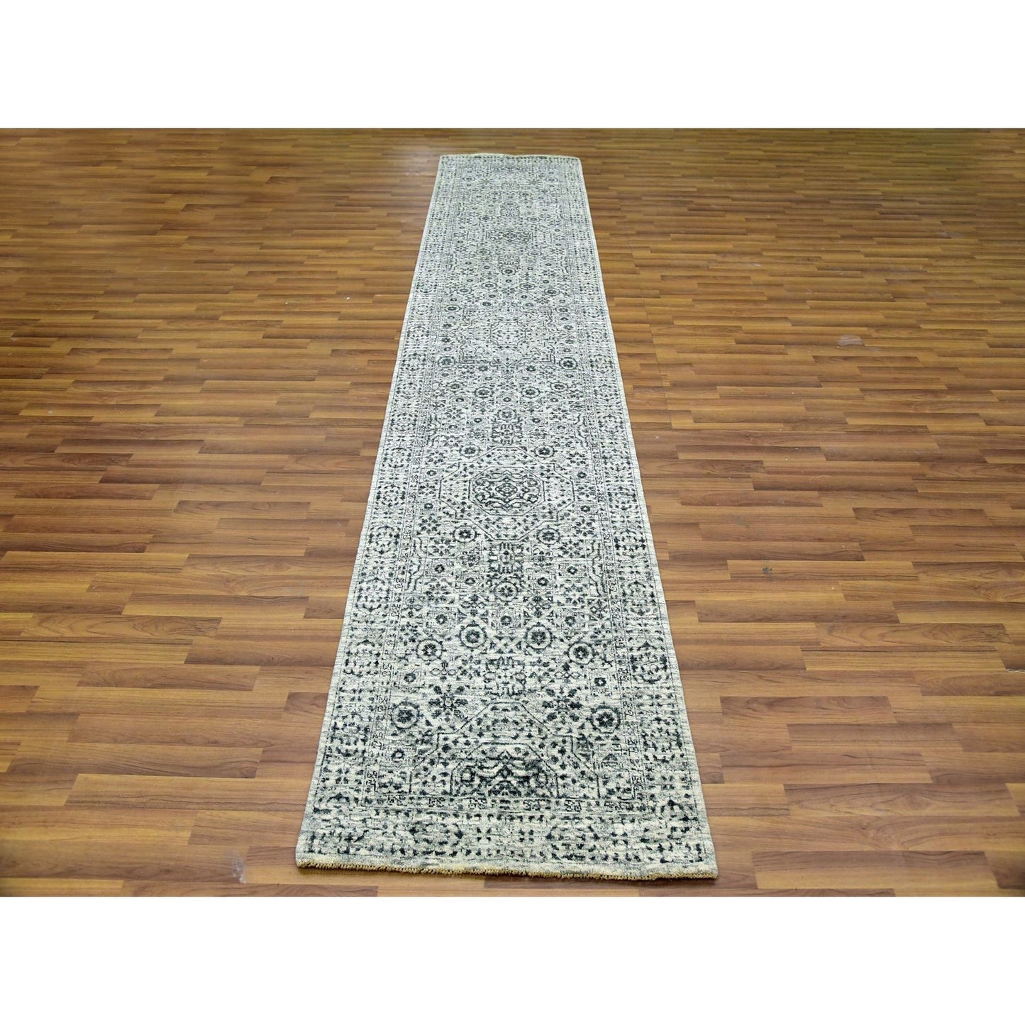 2'7"X12' White Mamluk Dynasty Design Undyed Wool Hand Knotted Runner Rug