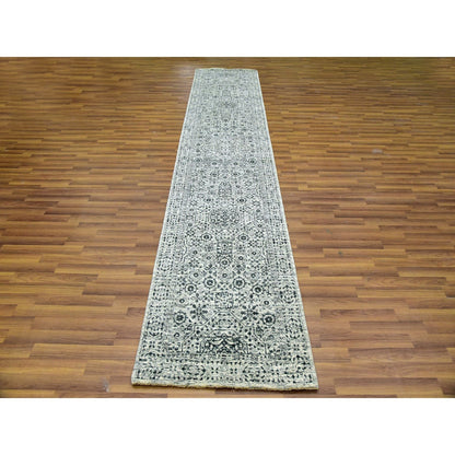 2'7"X12' White Mamluk Dynasty Design Undyed Wool Hand Knotted Runner Rug