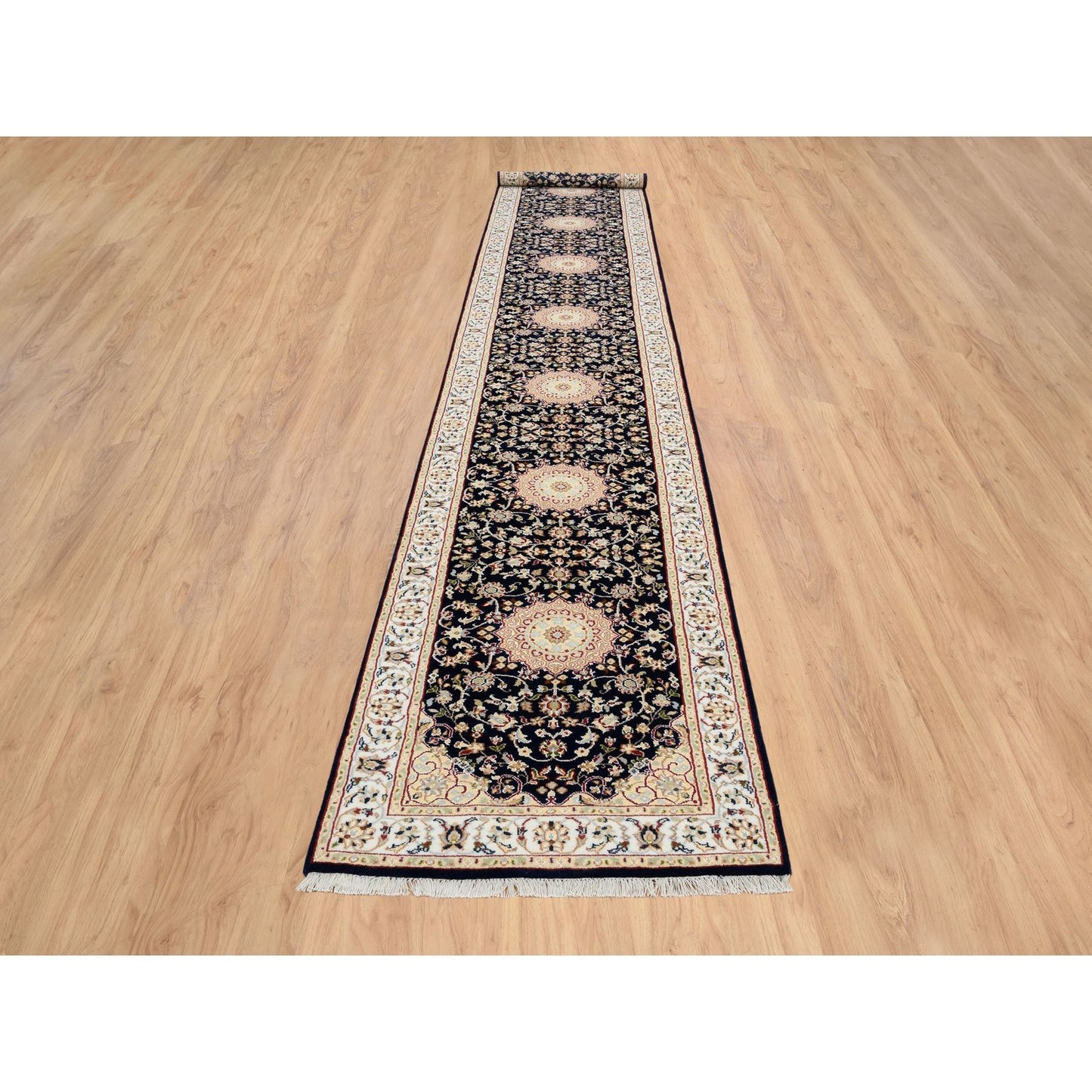 2'7"X16'4" Midnight Blue Hand Knotted Nain 250 Kpsi Wool-Silk Runner Rug