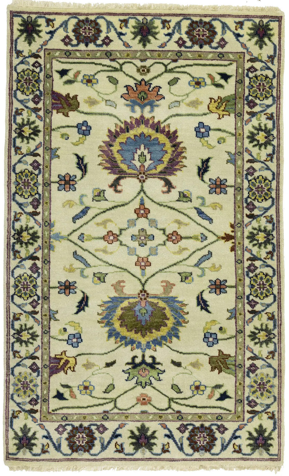 Handmade cream floral design oushak chobi rug small oriental size carpet