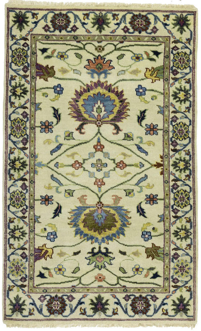 Handmade cream floral design oushak chobi rug small oriental size carpet