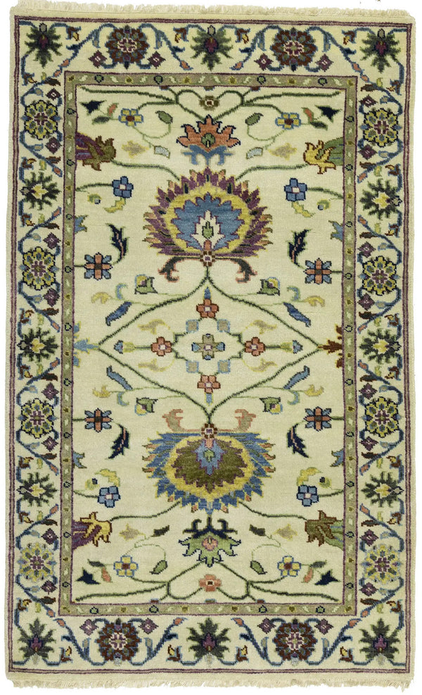Handmade cream floral design oushak chobi rug small oriental size carpet