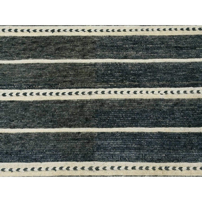 10'4"X14'2" Black Moroccan Weave Line Design Soft Wool Hand Knotted Rug