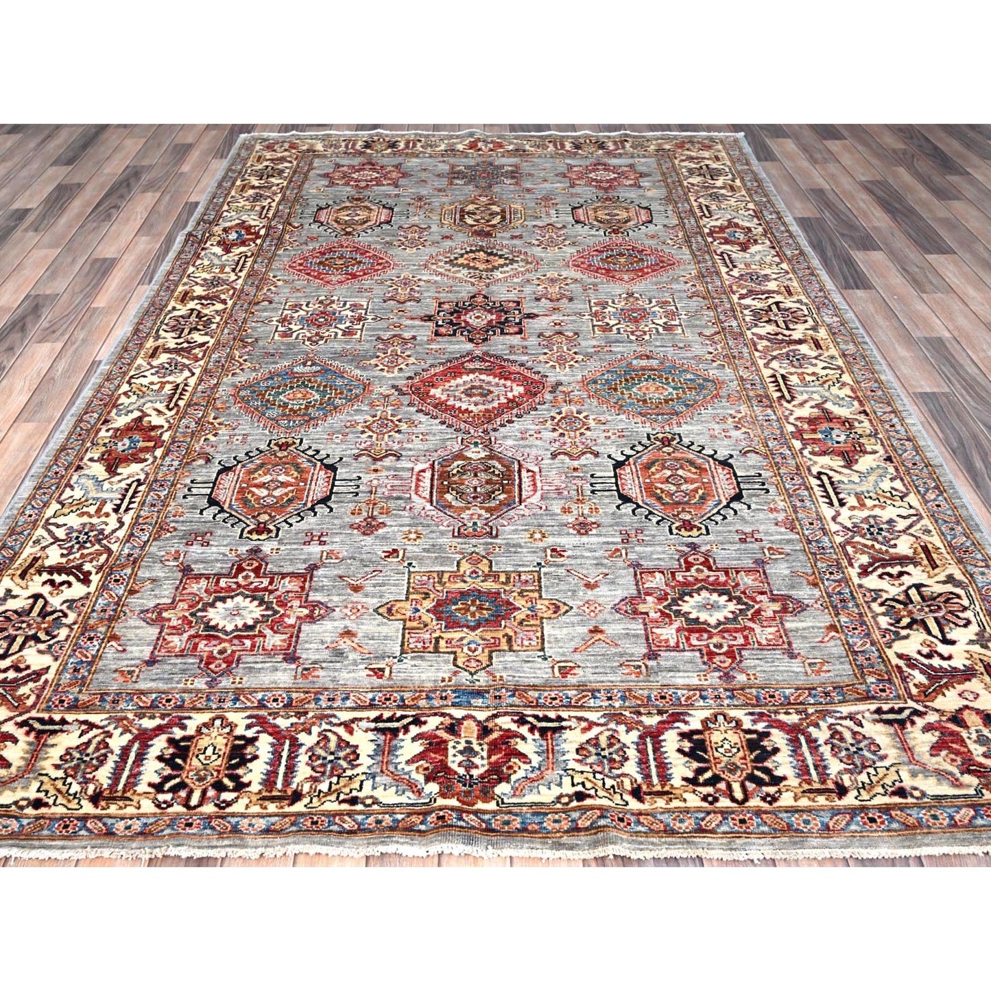 6'1"X9'6" Metallic Gray Soft Wool Super Kazak Hand Knotted Oriental Rug