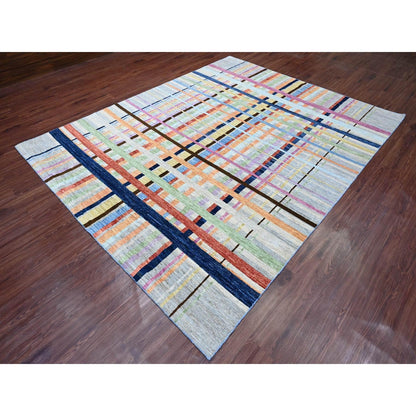 7'10"X9'9" Gray Criss Cross Colorful Line Design Hand Knotted Wool Rug