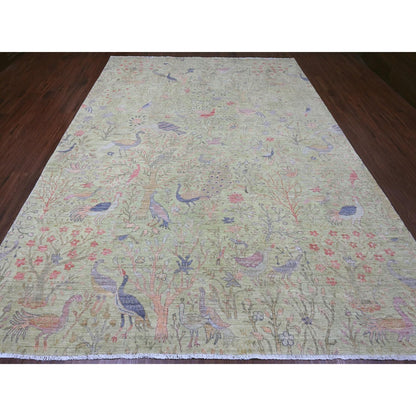 8'10"X12'3" Green Afghan Peshawar Birds Design Hand Knotted Soft Wool Rug