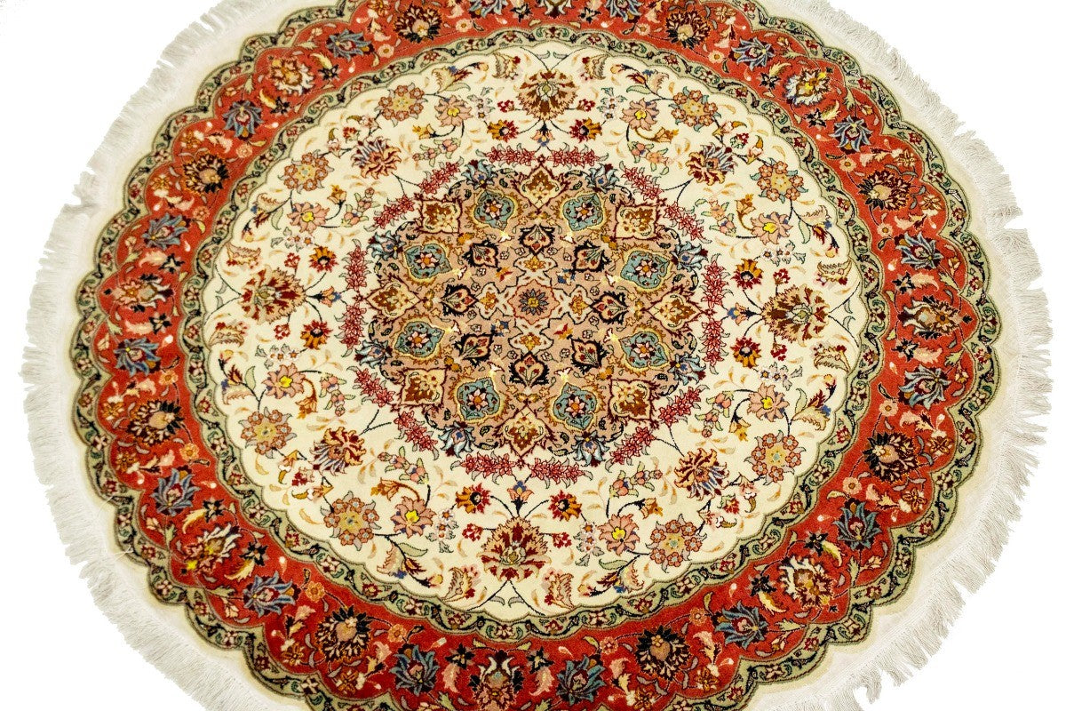 Extra Fine Hand-Knotted Floral Kork Wool & Silk Round Rug Oriental Carpet 5X5 ft