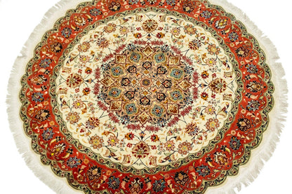 Extra Fine Hand-Knotted Floral Kork Wool & Silk Round Rug Oriental Carpet 5X5 ft