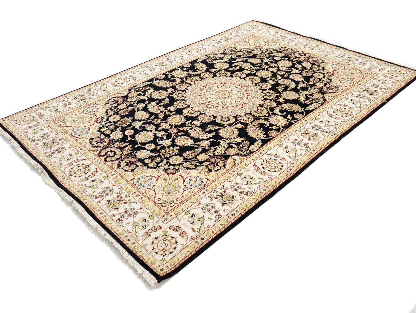 Handmade Black Indo-Nain Wool Rug 6x9 ft Floral Design Oriental Carpet