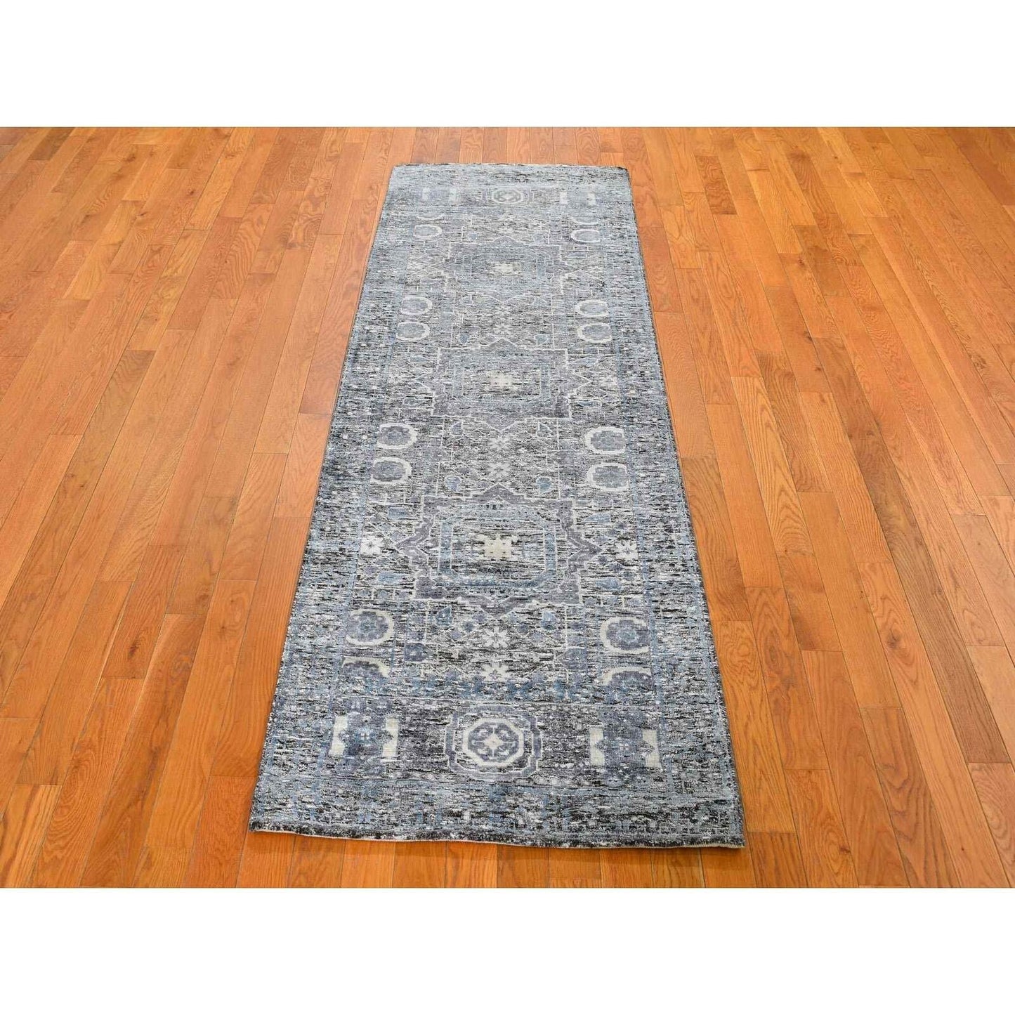 2'7"X8'1" Silk With Textured Wool Hi-Low Pile Mamluk Design Runner Rug