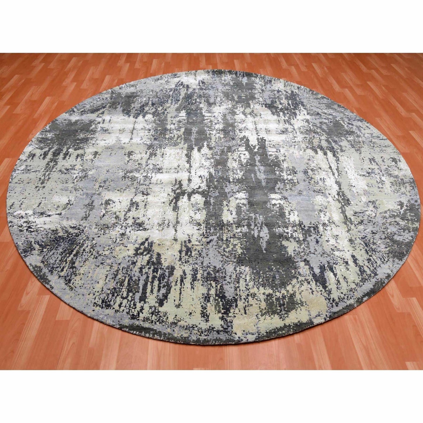 10'X10' Charcoal Gray Wool And Silk Denser Weave Hand Knotted Round Rug