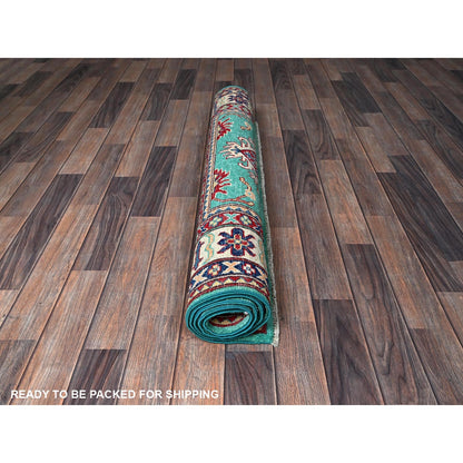 4'X5'10" Green Kazak With Tribal Medallions Design Wool Hand Knotted Rug