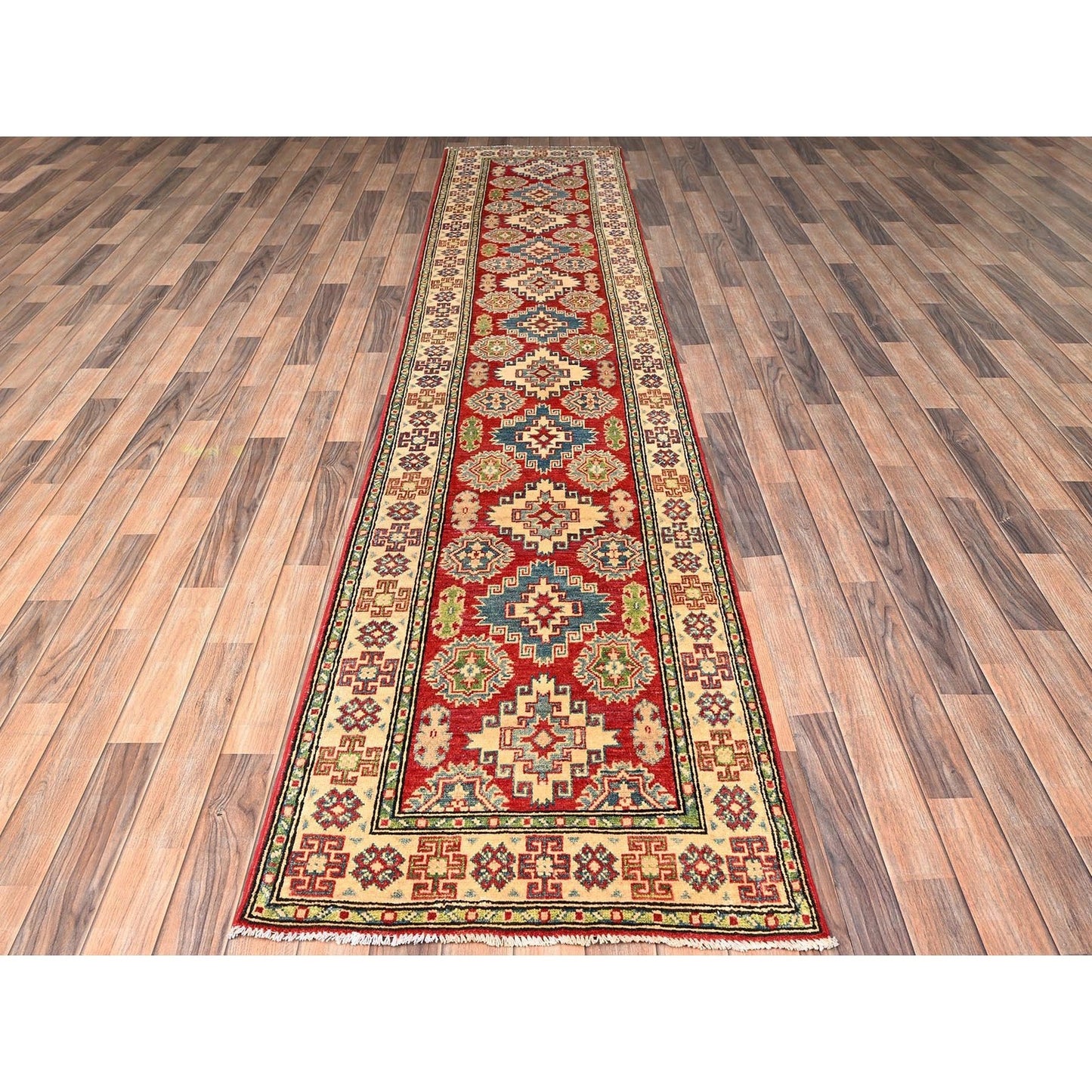 2'7"X12'8" Red Kazak With Geometric Design Hand Knotted Rug Wool Runner